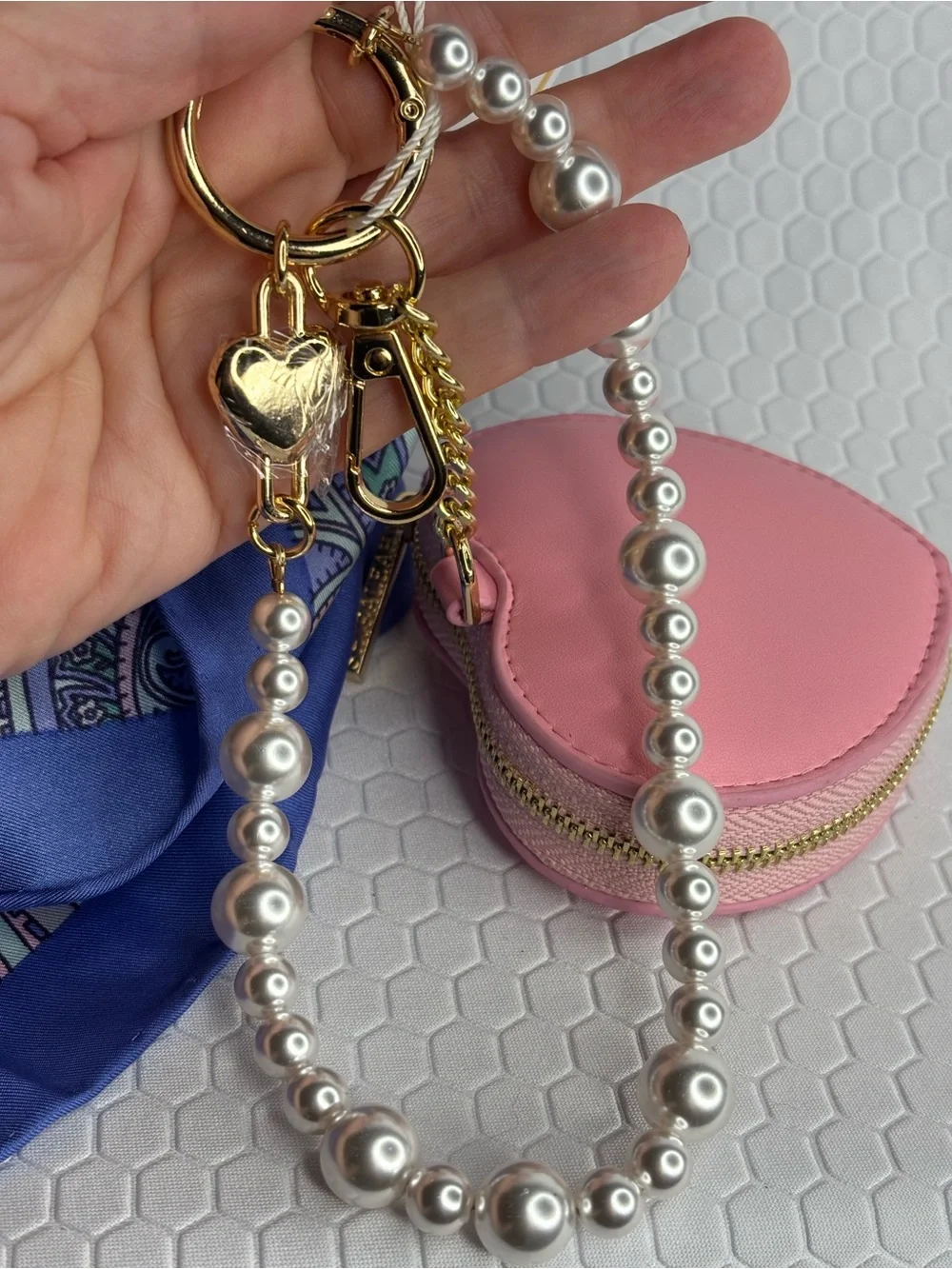 Pink Heart Zipper Pouch Charm with Faux Pearl Wrist Strap NWT